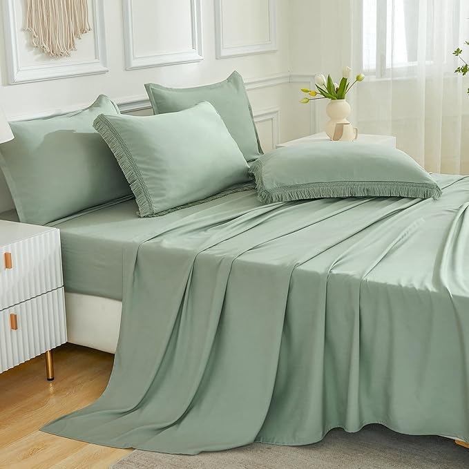 Andency Queen Comforter Set with Sheets Sage Green -7 Pieces Boho Tassel Bed in a Bag Soft Lightweight Bedding Sets, All Season Fringe Bed Set with Comforter, Sheets, Pillowcases & Shams