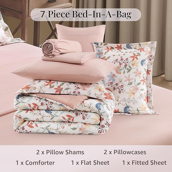 CASAAGUSTO Queen Comforter Set, 7 PCS Clay Pink Floral Comforter Set with Flowers Leaves Pattern, Soft Seersucker Design All Season Queen Size Bedding Set(90"X90")