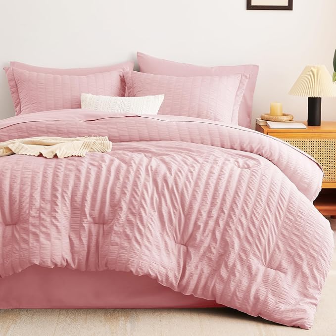 CozyLux King Size Comforter Set Pink Seersucker 7 Pieces Bed in a Bag King Comforter Set with Sheets, Luxury Bedding Sets with Down Alternative Comforter, Sheets, Pillowcases & Shams All Seasons