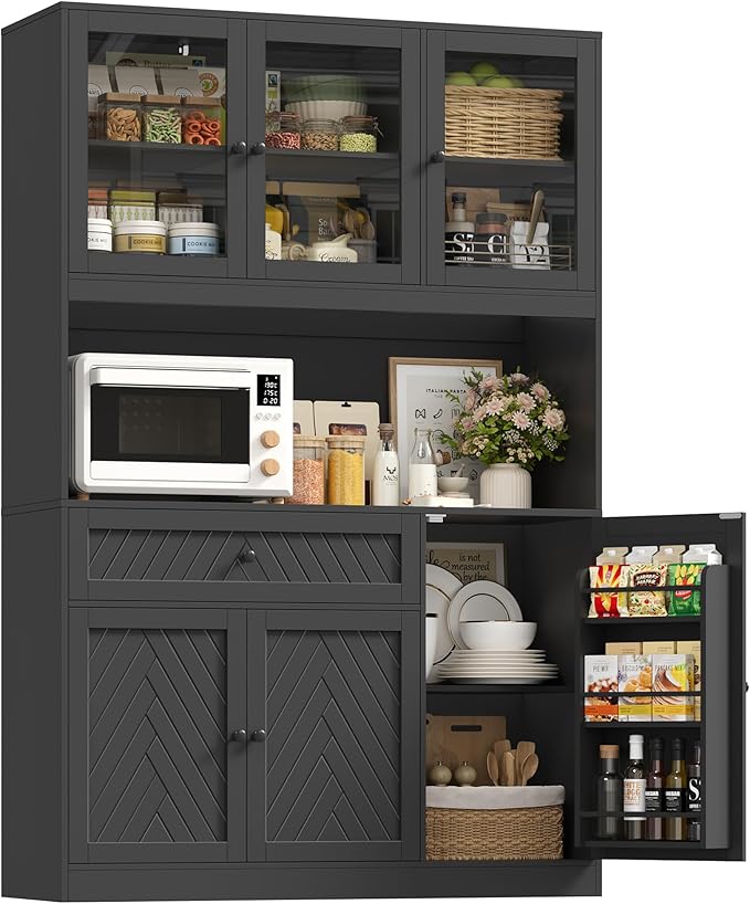 72” Tall Kitchen Pantry Storage Cabinet, Modern White Kitchen Hutch with Large Storage Drawer, Countertop, Adjustable Shelves, Food Pantry Cabinets for Dining Room, Living Room (Black)