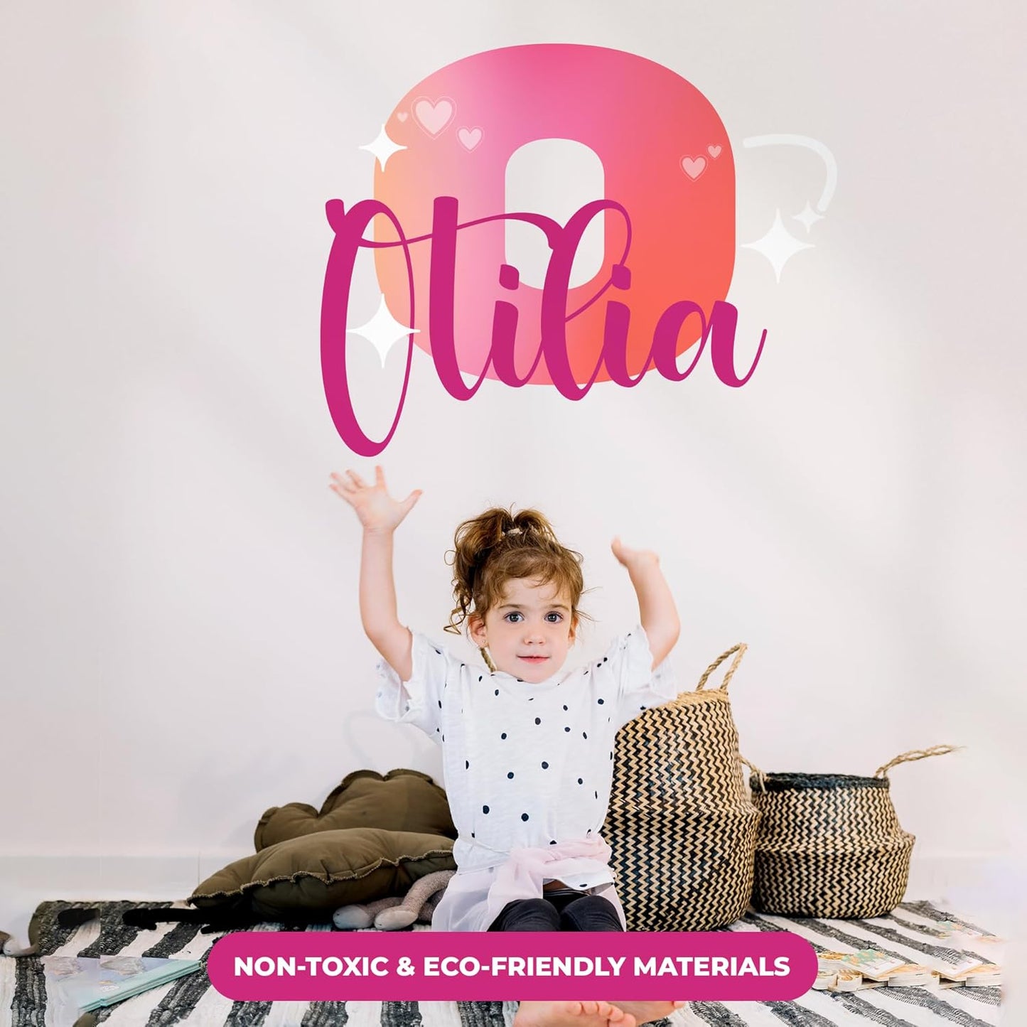 CRYPTONITE Custom Stickers Name & Initial for Pink Room Decor I Heart Wall Decal for Girl Bedroom Decor I Personalized Wall Decal for Little Girl Room Decor I Multiple Size Options (F. Hearts)