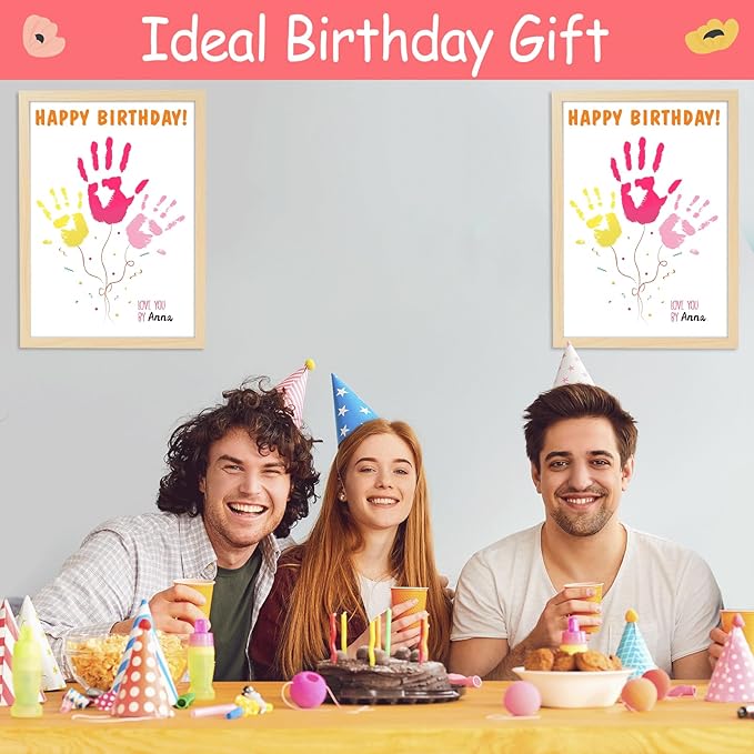 QOUBAI Birthday Handprint Balloon Art Craft DIY Kit Happy Birthday Gifts Children Adults Handprint Keepsake for Mom Father Friend Grandparent Birthdays Gift Christmas (12X16in, with Wood Frame)