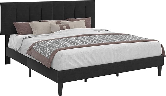 VECELO King Size Bed Frame with Upholstered Headboard, Heavy-Duty Bedframe with Strong Wooden Slats Support, No Boxing Spring Needed, Black