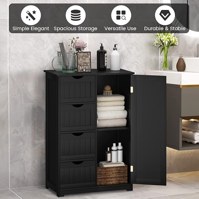 COSTWAY Bathroom Storage Cabinet, Wooden Storage Organizer with 4 Deep Drawers & Adjustable Shelf, Modern Floor Cabinet for Living Room, Bathroom, Kitchen, Entryway (Black)