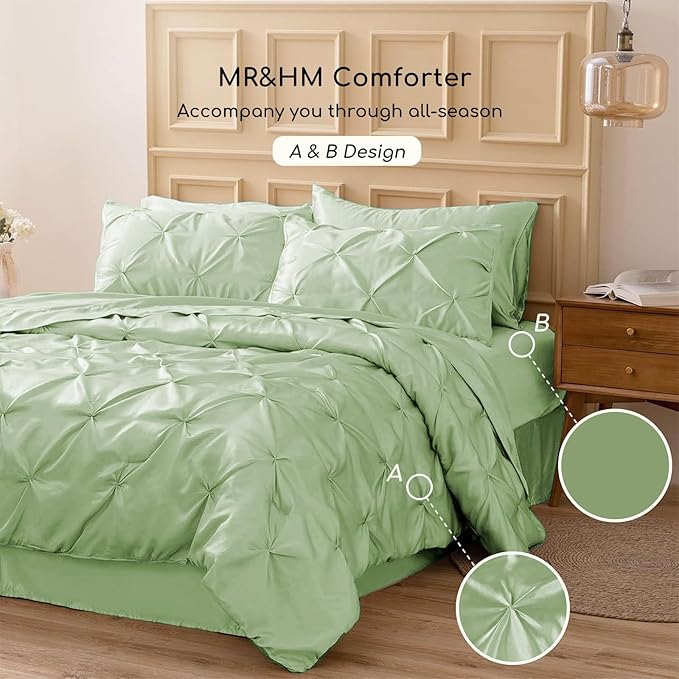MR&HM Satin Comforter Queen 7 Pieces - Luxurious Pinch Pleat Bedding Set with Comforter, Flat Sheet, Fitted Sheet, Pillowcases & Shams, Super Silky Soft Bed Set for All Season (Queen, Light Sage)