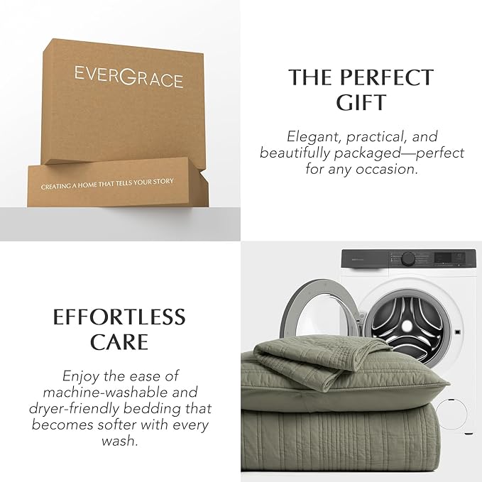 EVERGRACEHOME 100% Cotton Modern Lines Quilt Set King Size, Pre-Washed Soft Striped Coverlet Bedspread, 3 Piece Lightweight Bedding Set for All Season, with 2 Pillow Shams, Olive Green
