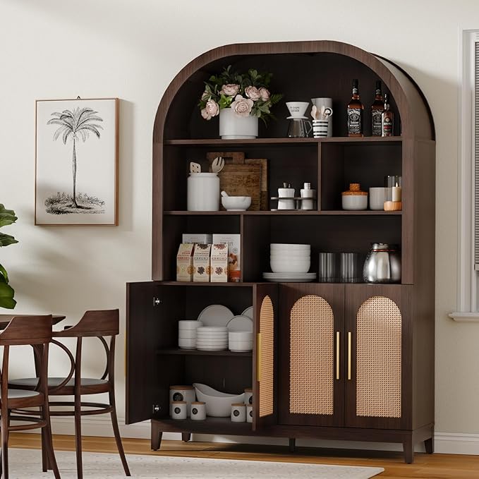 71" Arched Tall Wood Storage Cabinet - 5-Tier Rattan Door Pantry Organizer with Divider Shelf & Gold Handles, Versatile Bookcase for Living Room & Kitchen, Dark Brown