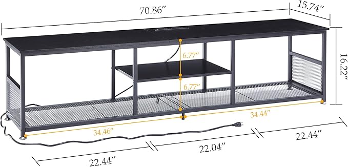 VECELO TV Stand with Power Outlets for Televisions up to 80Inch, 70" Media Entertainment Center with Charging Station 3-Tier Open Storage Shelves with Metal Frame for Living Room/Bedroom,Black