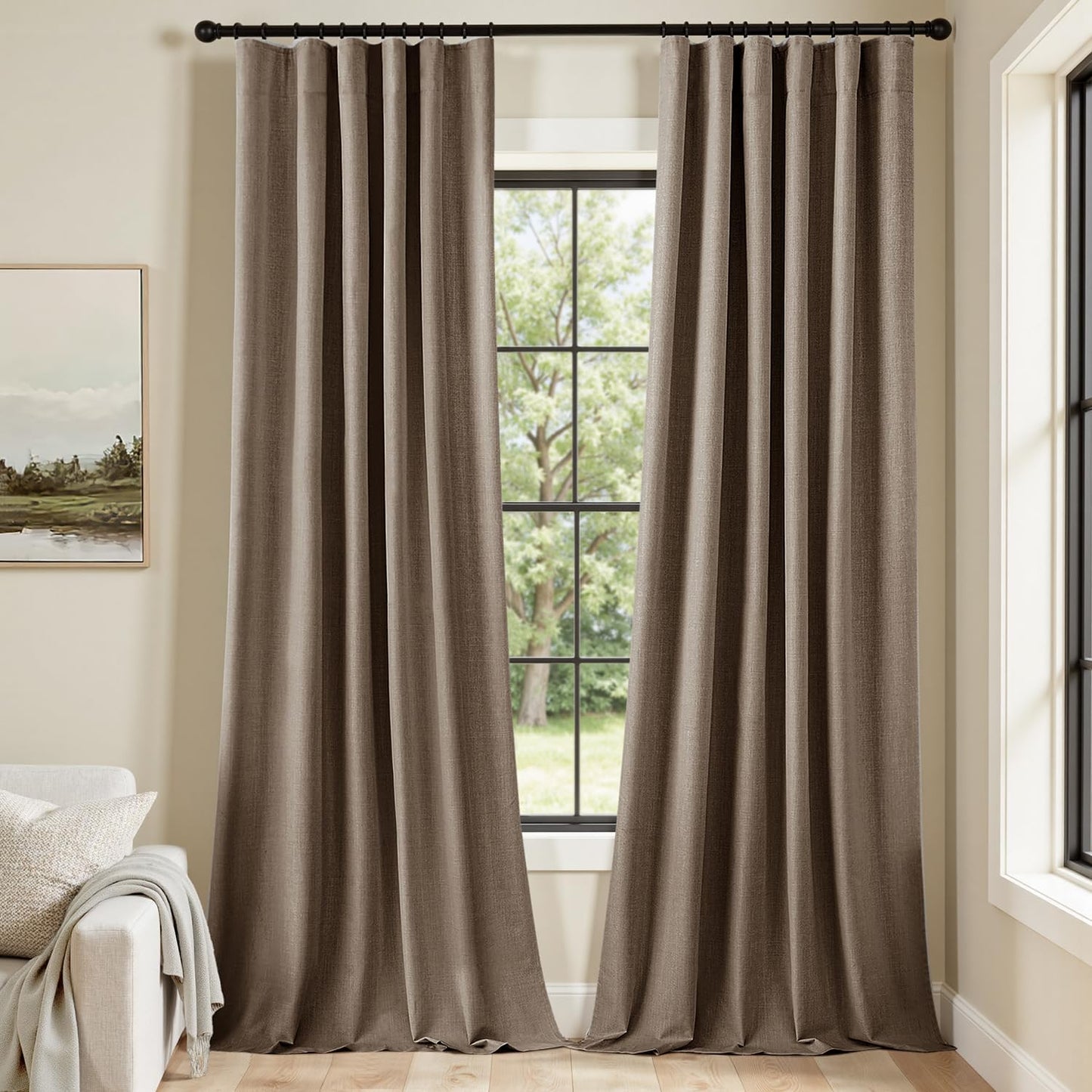 MIULEE 100% Blackout Curtains 102 Inch Long 2 Panels Set for Bedroom, Thick Faux Linen Black Out Curtain Room Darkening Back Tab Pleat Window Textured Drapes with Hooks for Living Room, Dutch Cocoa