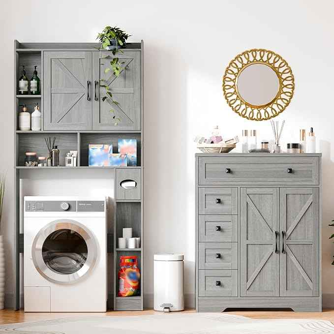 Vabches Farmhouse Storage Cabinet with 2 Doors and 5 Drawers, Freestanding Bathroom Cabinets Kitchen Pantry, Floor Storage Cabinet Hutch Cupboard for Living Room/Bathroom/Kitchen.Wash Grey