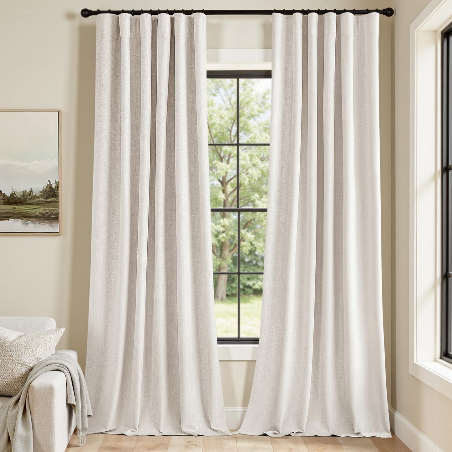 MIULEE 100% Blackout Curtains 84 Inch Long 2 Panels for Bedroom, Thick Luxury Faux Linen Black Out Curtain Room Darkening Back Tab Pleat Window Textured Drapes with Hooks for Living Room, Ivory