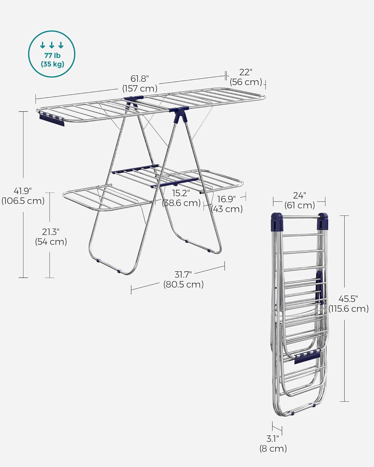 SONGMICS Clothes Drying Rack, Foldable 2-Level Laundry Drying Rack, Free-Standing Laundry Airer, with Height-Adjustable Wings, 33 Drying Rails, Sock Clips, Silver and Blue ULLR53BUV1