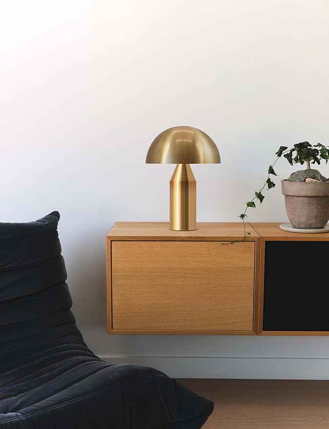 Brightech Venus Mushroom Table Lamp - Modern Lamp for Living Room, Bedroom Side/End Table - Dimmable, Unique Side Table LED Lamp Shade for Office, Reading - Brass/Gold, 14" Tall