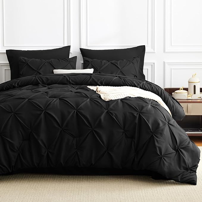 CozyLux Twin Comforter Set with Sheets Black, 5 Pieces Pintuck Bed in A Bag, Twin Bed Set Gift for Family, Pinch Pleat Bedding Set with Comforter, Sheets, Pillowcase & Sham