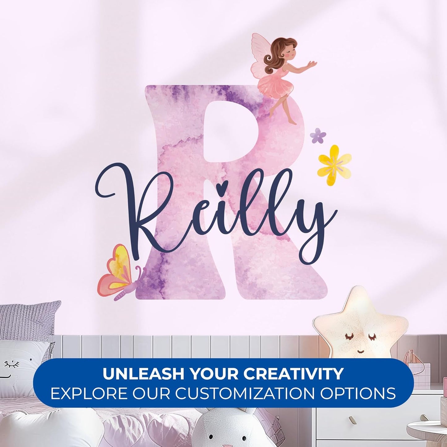 CRYPTONITE Custom Stickers Name & Initial for Fairy Decor I Fairy Pink Room Decor for Girl Bedroom Decor I Personalized Fairy Wall Decals for Little Girl Room Decor I Multiple Size Options (D. Fairy)