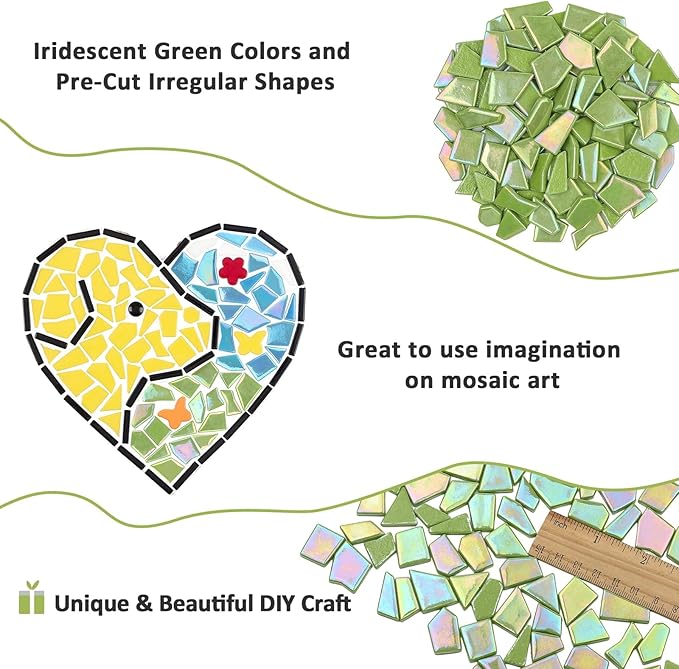 Youway Style Iridescent Glass Mosaic Tiles for Crafts Bulk,200g Green Broken Mosaic Glass Pieces for Garden Crafts Kits,DIY Mosaic Art Decor