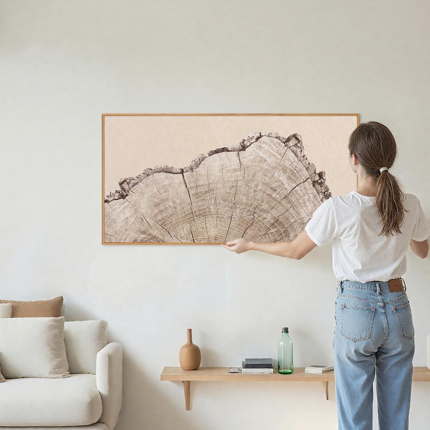 SIGNINART Large Tree Ring Framed Canvas Wall Art, Rustic Beige Wooden Wall Decor, Neutral Nature Wood Stump Artwork, Modern Art Prints for Bedroom Living Room Office 20"x40"