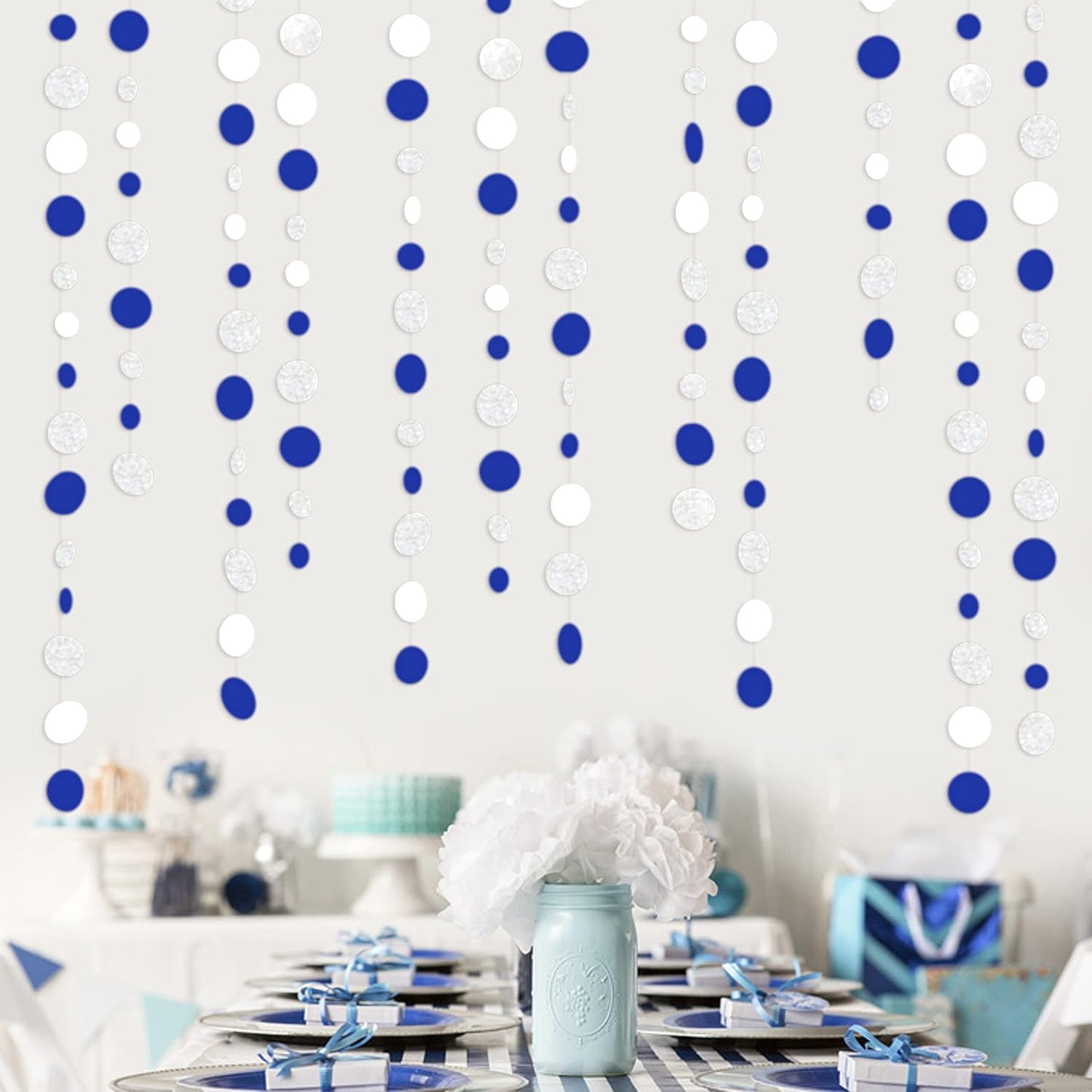 46 Feet Navy Blue White and Silver Circle Dots Garland Royal Blue Hanging Paper Polka Dots Streamer for Birthday Wedding Bridal Baby Shower Nautical Ahoy Achor Pirate Theme Party Decorations Supplies