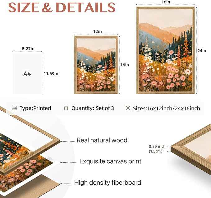 Cyebmo Wood Framed Mountain Wildflower Wall Art Set of 3, Sunset Mountain Nature Wall Decor, Colorful Floral Landscape Canvas Prints, Rustic Botanical Artwork for Bedroom Living Room Office 16x24 Inch