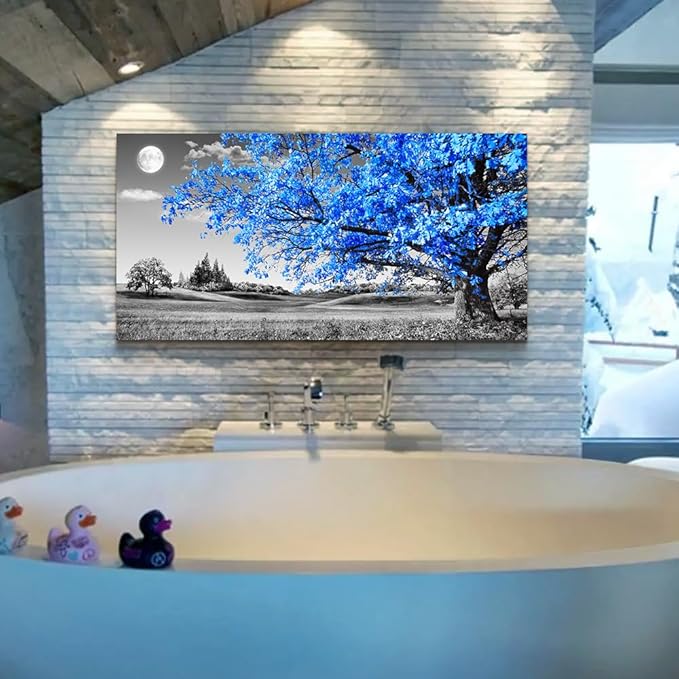 Wapluam Large Canvas Wall Art For Living Room & Bedroom - Black & White Wall Paintings - Blue Tree Scenery - 24" X 48