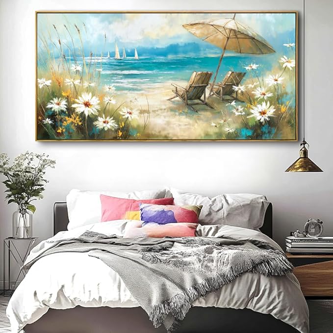 Beach Landscape Wall Art - Framed Modern Canvas Painting for Living Room, Bedroom Home Office Decor, 40x20 Inch Ready to Hang