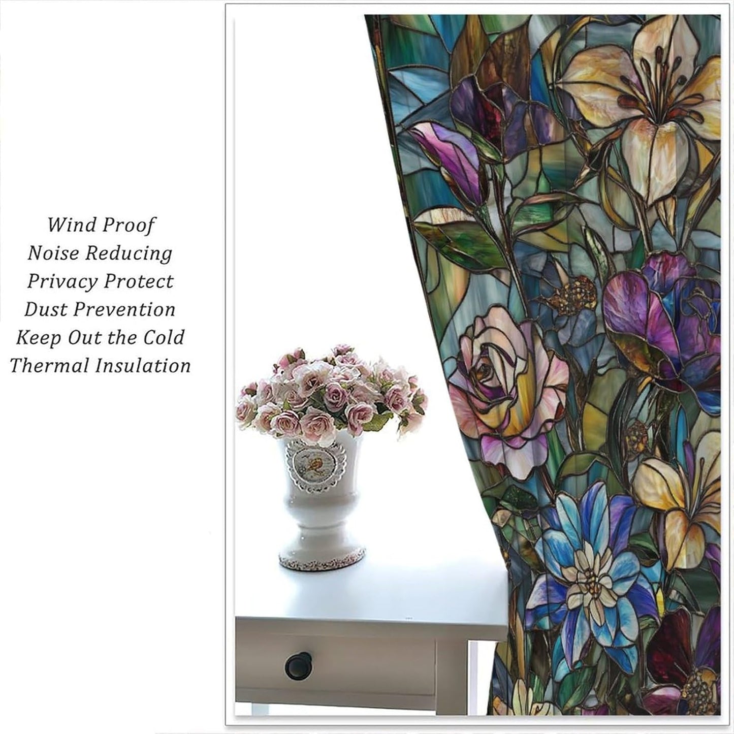Stained Glass Curtains,Retro Colored Glass Flowers Art Home Decor Drapes for Bedroom Living Room Kitchen Window Treatment 2 Panels Set Total Size 72" W X 63" L Inch