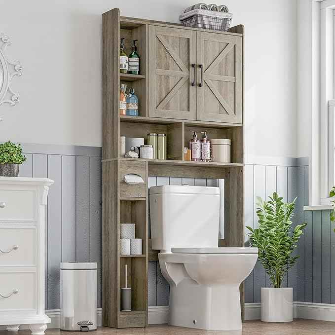 Over The Toilet Storage Cabinet, Farmhouse Storage Cabinet Over Toilet with 2 Barn Door & Toilet Paper Holder Stand, Home Space-Saving Rack, for Bathroom, Restroom (Grey).