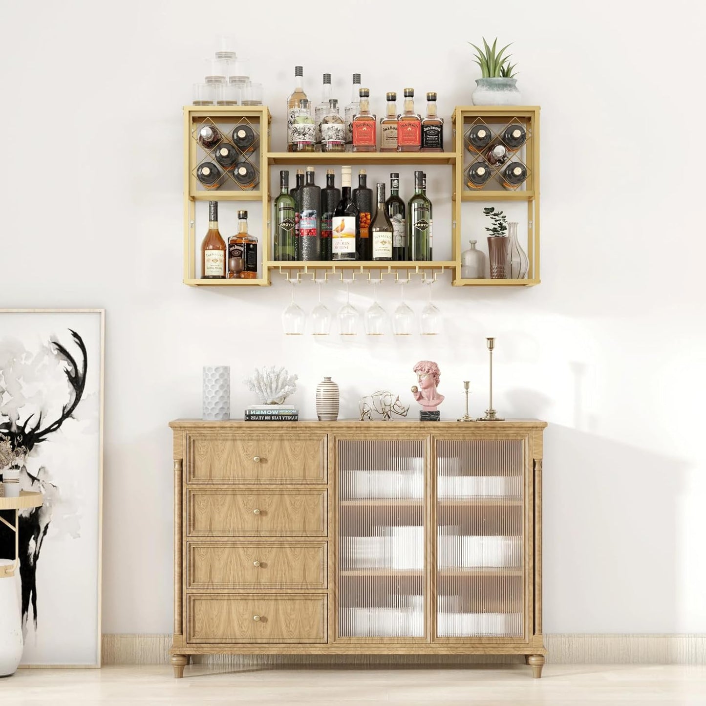 Wall Mounted Wine Rack with Glass Holder,Metal Floating Bar Liquor Shelves 2 Tier,Wine Glass Rack Multi Functional Wine Storage Display Rack for Home Bar Dining Room Kitchen,Gold