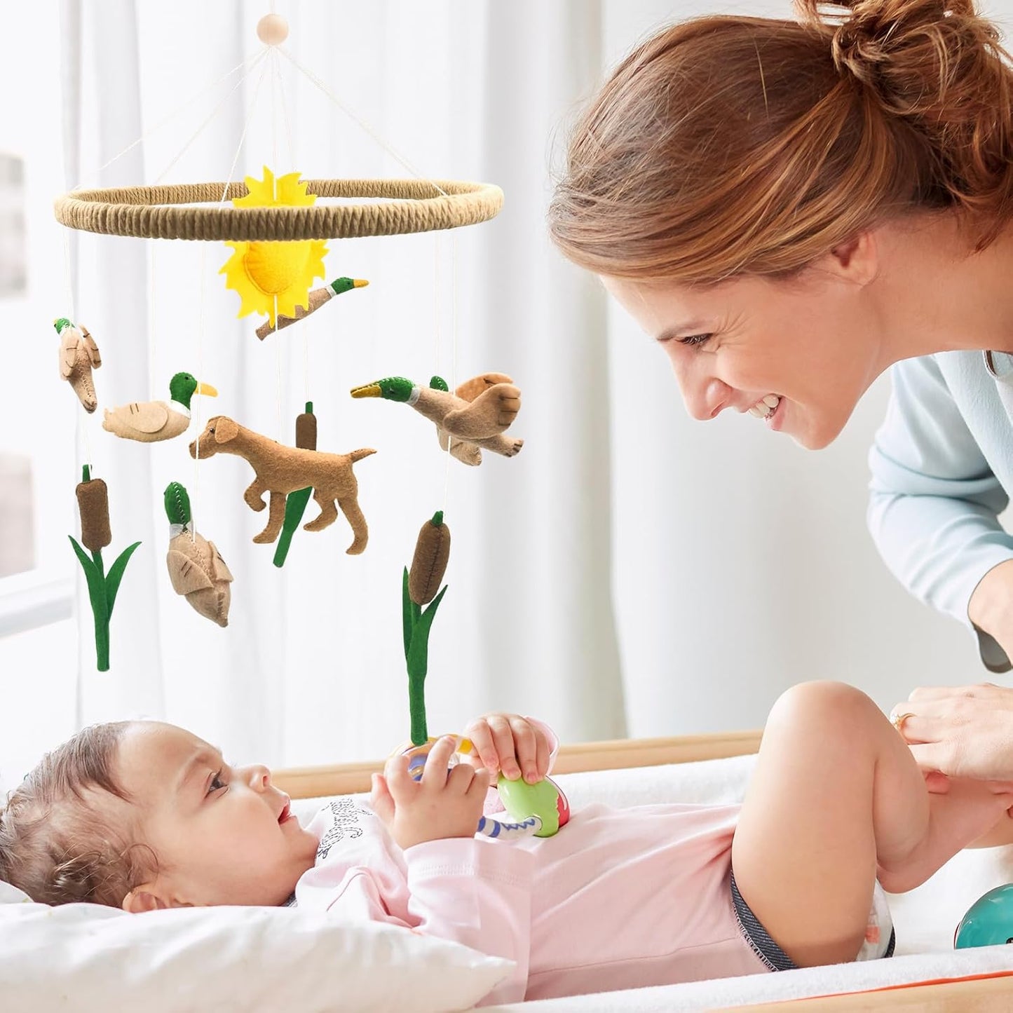 Baby Mobile for Crib Mallard Duck Baby Crib Mobile for Boys Girls Handmade Felt Dog Nursery Decor Duck Hunting Decor Infant Toddler Room Hanging for Bassinet Gender Neutral Newborn Gift