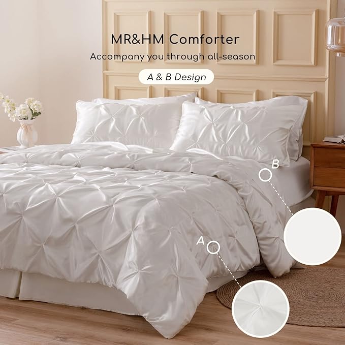 MR&HM Satin Comforter California King 7 Pieces Ivory - Luxurious Pinch Pleat Bedding Set with Comforter, Flat Sheet, Fitted Sheet, Pillowcases & Shams, Super Silky Soft Bed Set for All Season