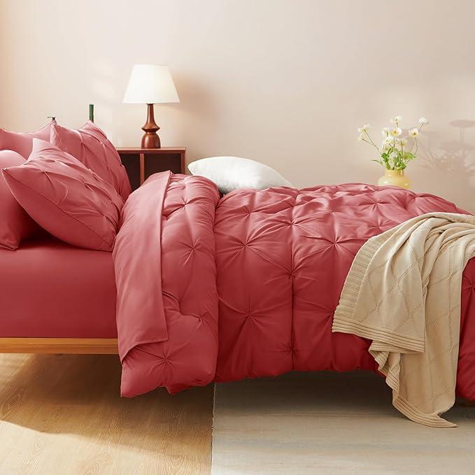CozyLux Queen Comforter Set Coral, 7 Pieces Pintuck Bed in A Bag, Premium Coral Comforter Queen Size, Pinch Pleat Bedding Sets with Comforter, Flat Sheet, Fitted Sheet, Pillowcases & Shams