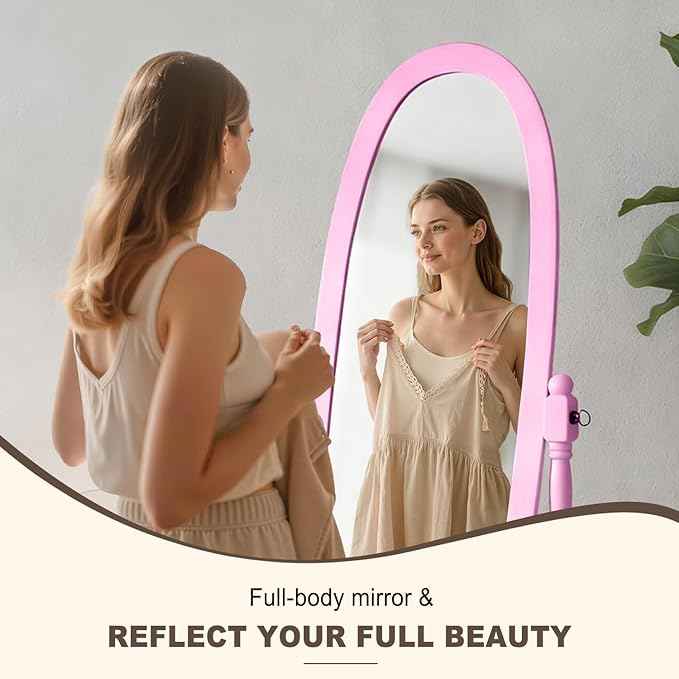 Full Length Mirror with Stand, Vintage Style Wood Floor Cheval Mirror, Traditional Adjustable Free Standing Mirrors Full Length (Pink)