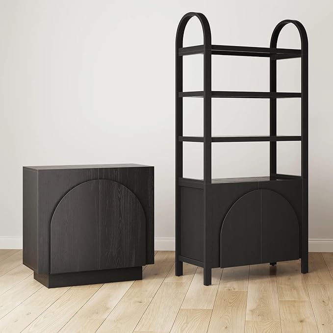 Nathan James Iris Mid-Century Modern Credenza, Black TV Stand, Living Room Wood Storage Cabinet with Arched Cabinet Doors, Black Credenza Cabinet for Kitchen or Living Room, Black Oak, Set of 2