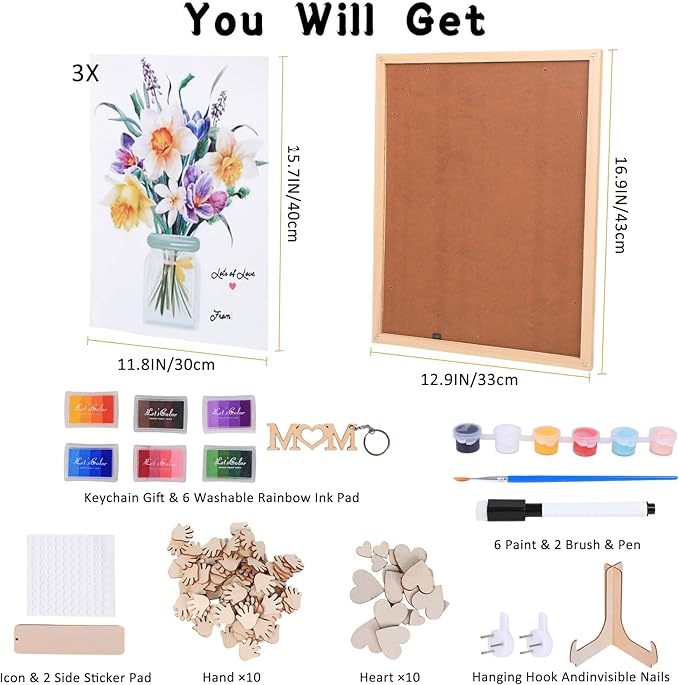 Flower Bouquet Handprint Art Craft DIY Kit, Unique Gifts for Mom & Grandma From Daughter or Son for Mother's Day Birthday, Anniversary Day, 6 Colors Non-toxic Inkpads(12" X 16", With Wood Frame)