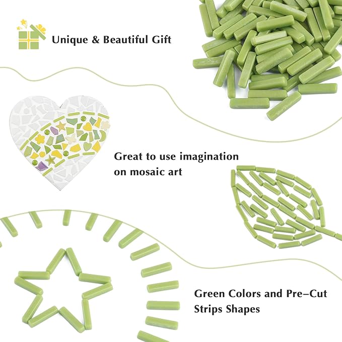 Youway Style Green Mosaic Tiles for Crafts Bulk,150g Strips Shapes Mosaic Glass Pieces,Glass Mosaic Garden Craft Kit