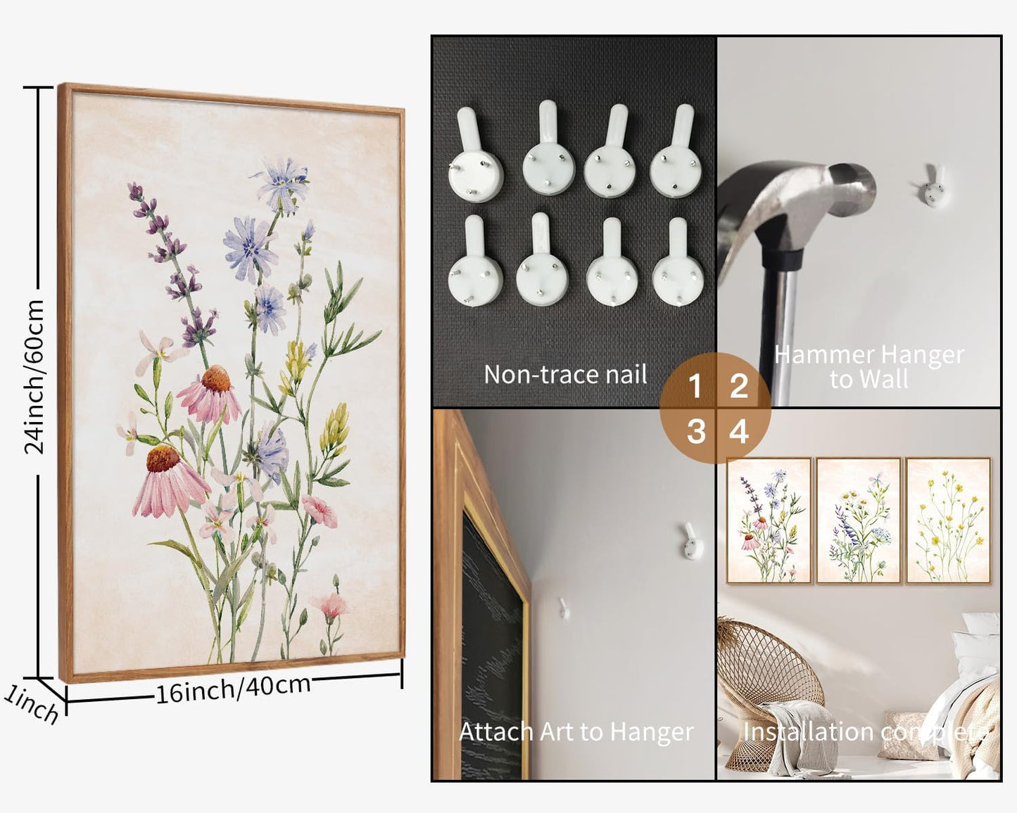 SIGNINART Watercolor Wildflower Framed Canvas Wall Art Set of 3, Boho Botanical Spring Floral Wall Decor, Colorful Minimalist Plant Art Prints for Farmhouse Living Room, Bedroom, Office, Bathroom 16"x24"