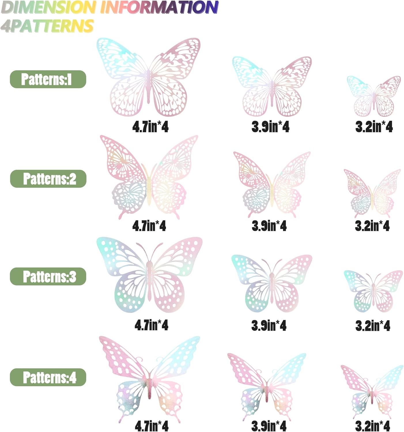 SAOROPEB 3D Wall Decor - 48 Pcs, 4 Styles, 3 Sizes - Laser Pink Butterfly Decorations for Birthday Parties, Removable Stickers