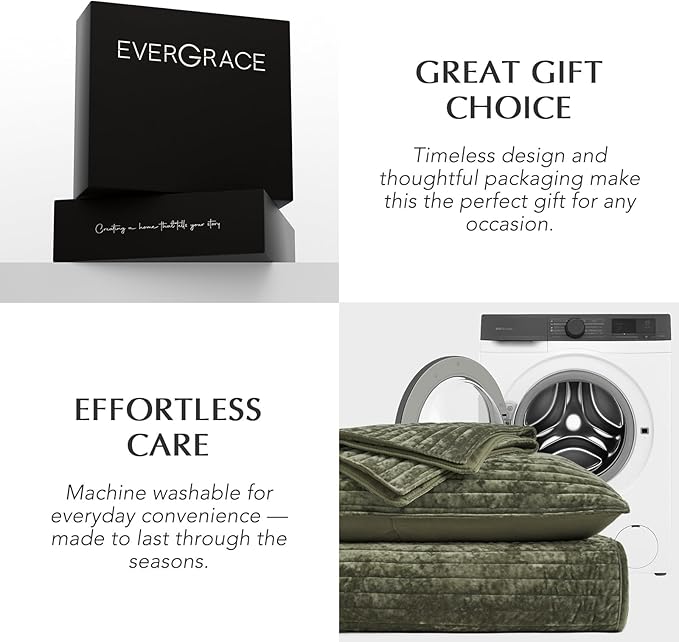 EVERGRACE Velvet Quilt Set King Size, Luxurious Soft Striped Channel Bedding Set, Lightweight Velvet Comforter for All Season, Oversized Bedspread Coverlet with 2 Matching Shams, Olive Green