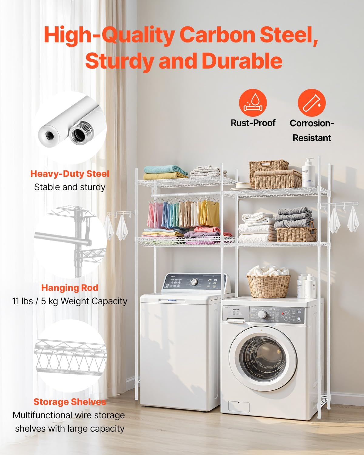 VEVOR Over The Washer and Dryer Storage Shelf, 4 Tier Laundry Room Drying Rack with Hanger Rod and Hooks, Adjustable Over Washer and Dryer Shelves, Laundry Room Shelf Storage Space Saver, White