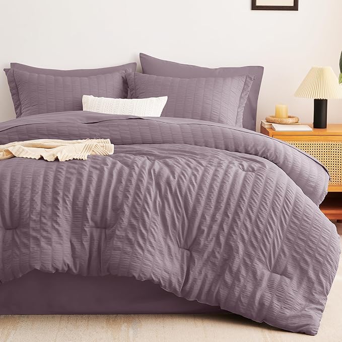 CozyLux King Size Comforter Set Dusty Purple Seersucker 7 Pieces Bed in a Bag King Comforter Set with Sheets, Luxury Bedding Set with Down Alternative Comforter, Sheets, Pillowcases & Shams All Season