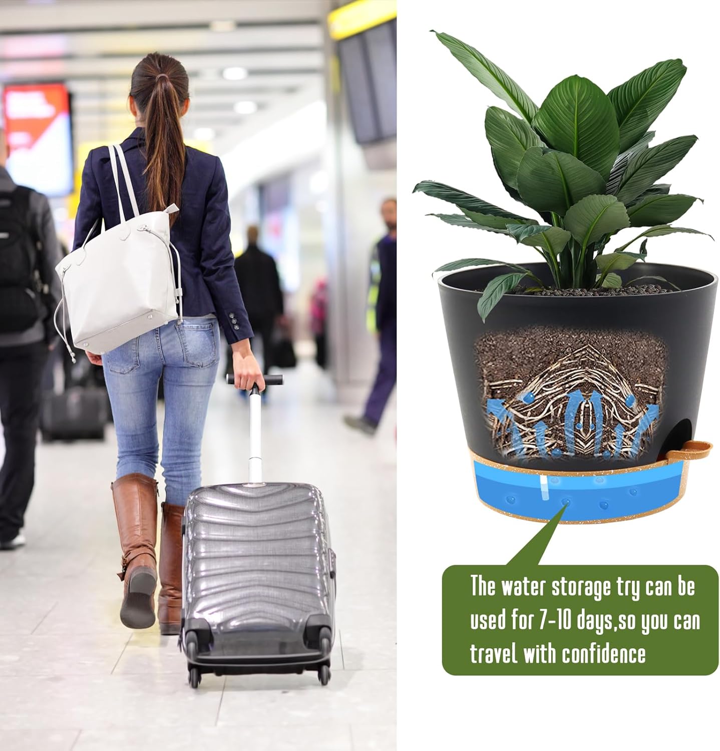 Self Watering Pots for Indoor Plants,12 inch Planters with Drainage Holes Plastic Flower Pots with Deep Reservoir, Black with Brown