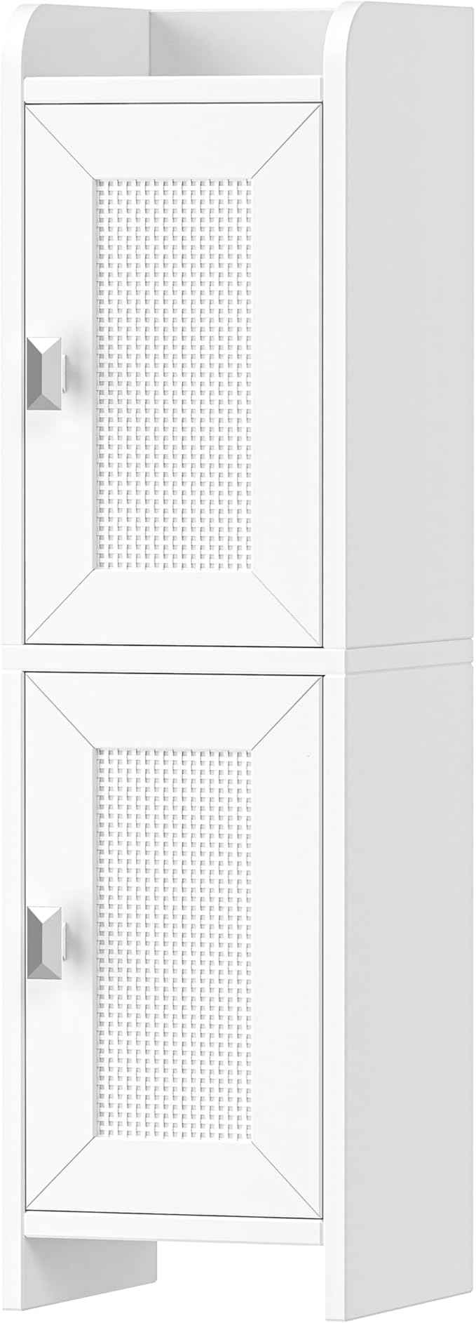 Rattan Small Bathroom Cabinet with 2 Doors, 7.9''D x 7.9''W Narrow Toilet Paper Storage Cabinet, Bathroom Organizer for Small Spaces, Slim Corner Unit with Adjustable Shelf, White Rattan