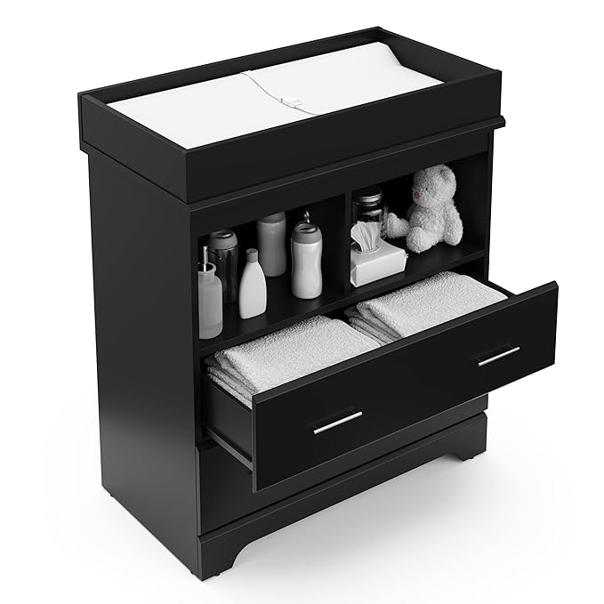 Storkcraft Brookside 2 Drawer Changing Table Dresser (Black) – GREENGUARD Gold Certified Baby Dresser with Changing Table Top, Baby Changing Table Dresser, Includes Interlocking Drawer System