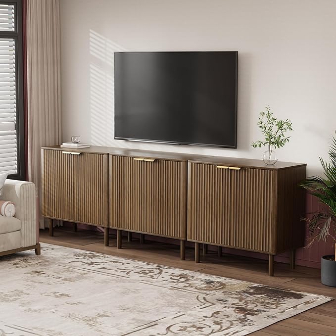 Sideboard Buffet Cabinet with Storage, Modern Fluted Accent Credenza with Doors & Adjustable Shelves, Wood Coffee Bar Console Table for Living Room, Dining Room, Kitchen, Entryway 31.5" Walnut