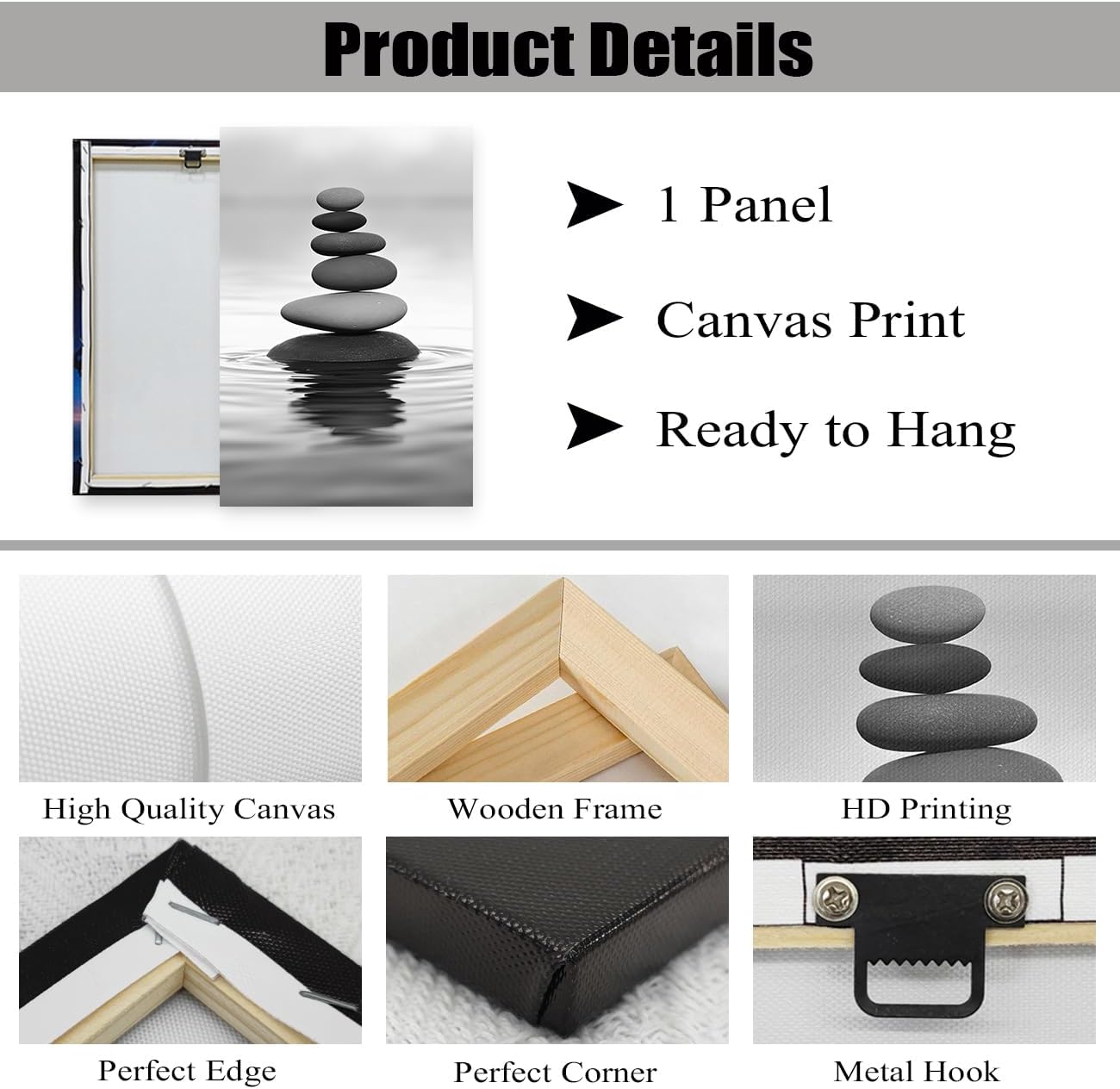 DOARTDO Zen Picture Wall Decor Black and White Zen Stone Canvas Wall Art Spa Stone Picture Print Bathroom Yoga Room Decor Frame (24.00" x 36.00", Zen Stone - 2)