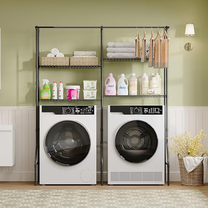 Over Washer and Dryer Storage Shelves, Adjustable Height 4-Tier Clothes Drying Rack with Hanger Rod & Hook, Heavy Duty Laundry Room Storage Organization, Space Saving, Black