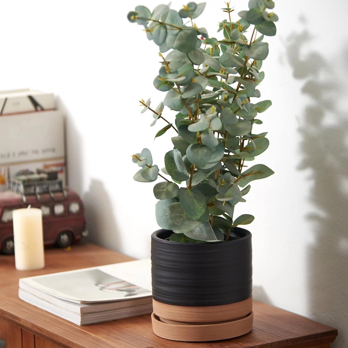 6 Inch Plant Pots, Ceramic Planter Pot with Drainage Hole & Saucer, Indoor/Outdoor Cylinder Round Planter Pot, Matte Black & Brown