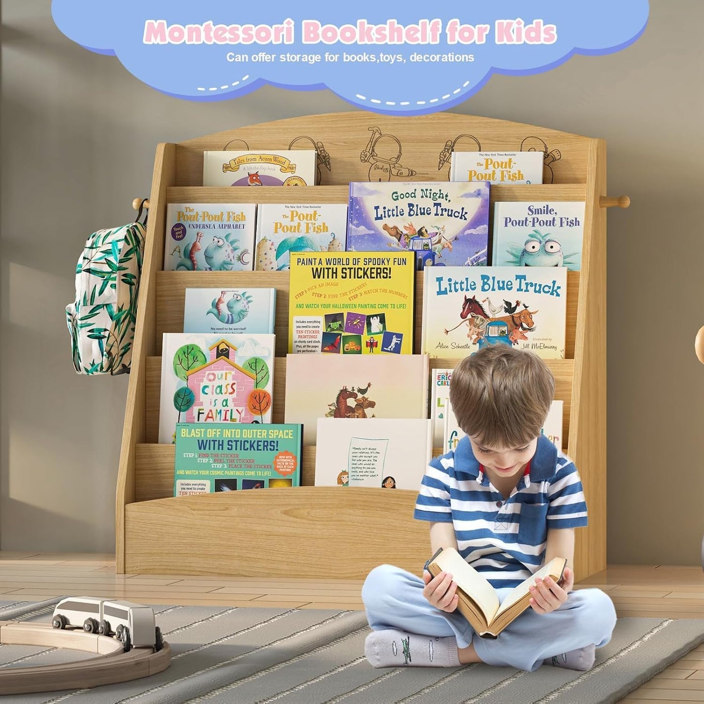 5-Tier Kids Bookshelf Montessori Toddler Book Rack Baby Bookcase Floor Front Facing Magazine Display Shelf for Bedroom Playroom Nursery Classroom Kindergarten Wood (Natural)