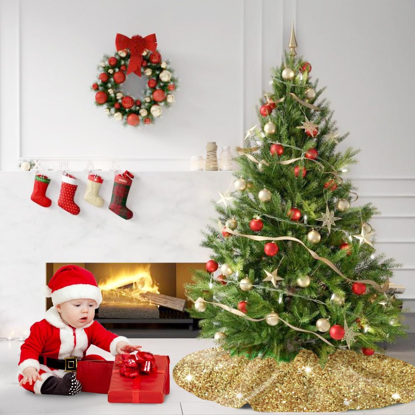 Gold Christmas Tree Skirts 21 Inches Metallic Tree Cover Skirt Personalized Christmas Tree Mat Ornament Rustic Round Small Xmas Tree Skirts for Holiday Festival Home Christmas Indoor Decoration