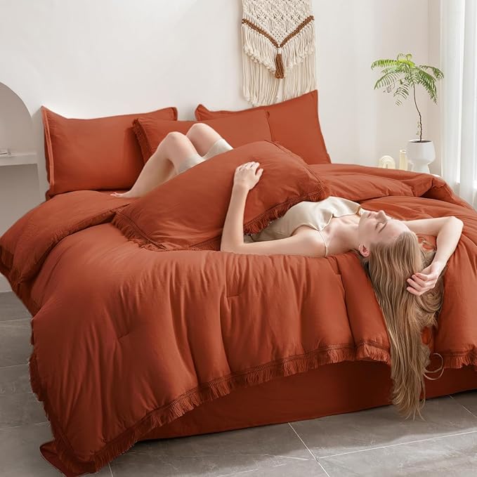 Andency Oversized King Comforter Set Terracotta 120x98-7 Pieces Boho Tassel Bed in a Bag Soft Lightweight Bedding Sets, Fringe All Season Bed Set with Comforter, Sheets, Pillowcases & Shams